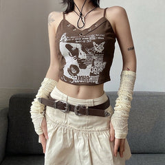 Brown Eyelet Graphic Sling Top