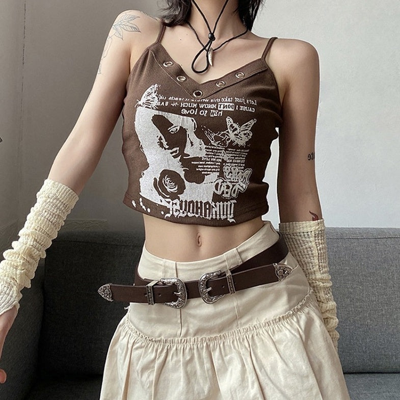 Brown Eyelet Graphic Sling Top
