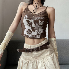 Brown Eyelet Graphic Sling Top