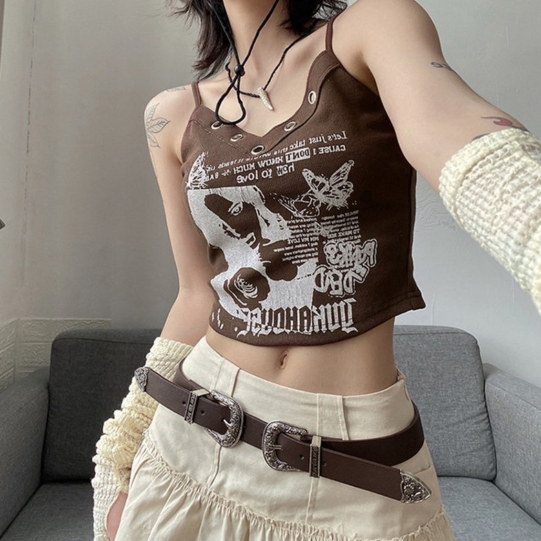 Brown Eyelet Graphic Sling Top