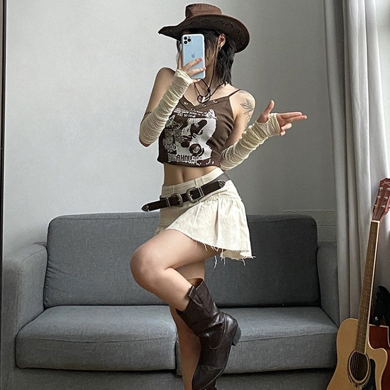 Brown Eyelet Graphic Sling Top