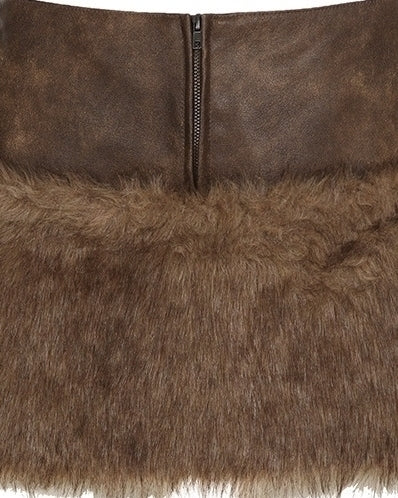 Brown Faux Fur Panel Mini Skirt