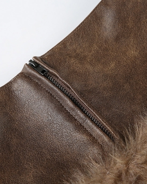 Brown Faux Fur Panel Mini Skirt