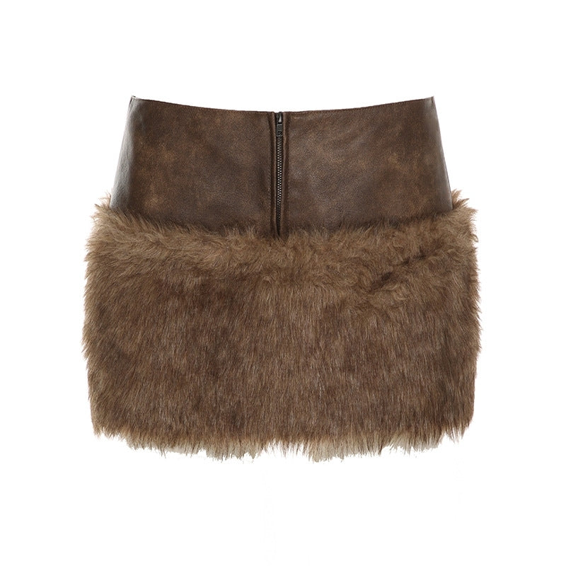 Brown Faux Fur Panel Mini Skirt