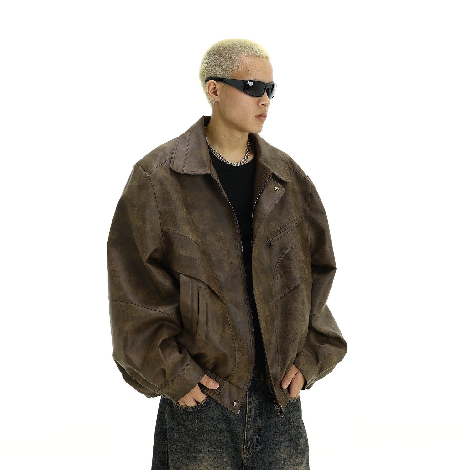 Brown Faux Leather Bomber Jacket