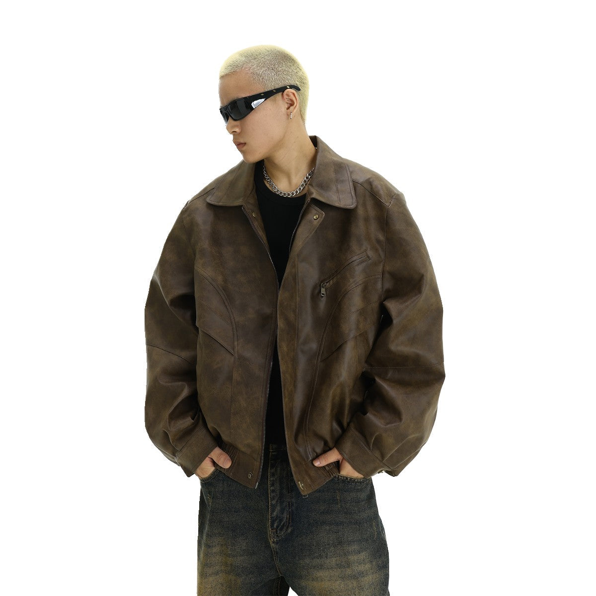 Brown Faux Leather Bomber Jacket