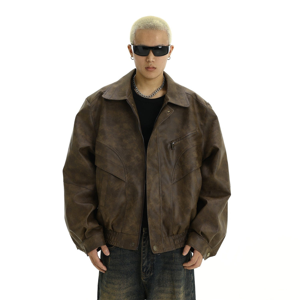 Brown Faux Leather Bomber Jacket