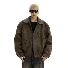 Brown Faux Leather Bomber Jacket