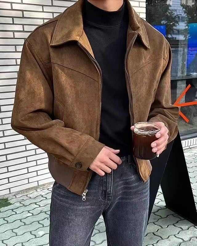 Brown Faux Suede Collared Jacket