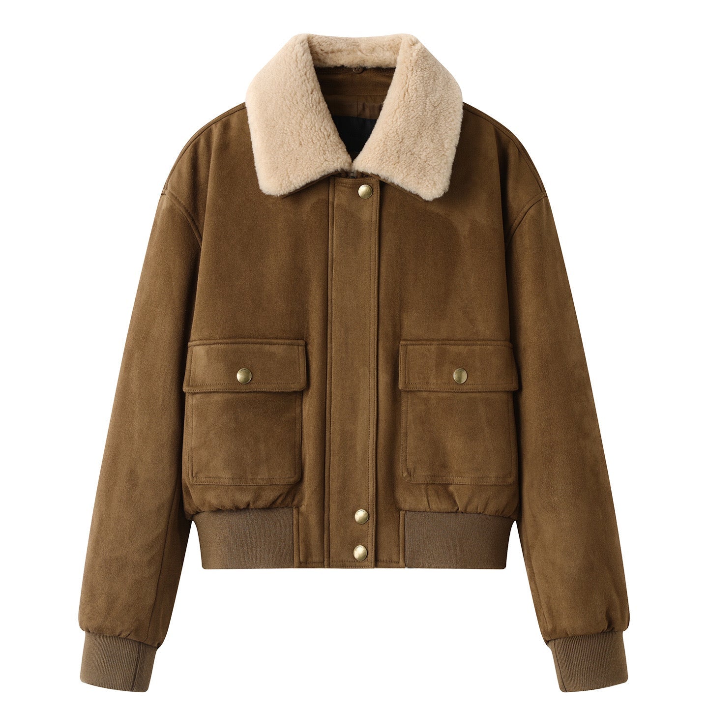Brown Fleece Collar Faux Suede Jacket