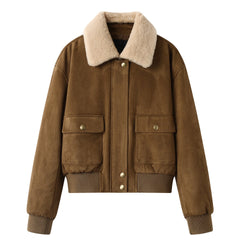 Brown Fleece Collar Faux Suede Jacket