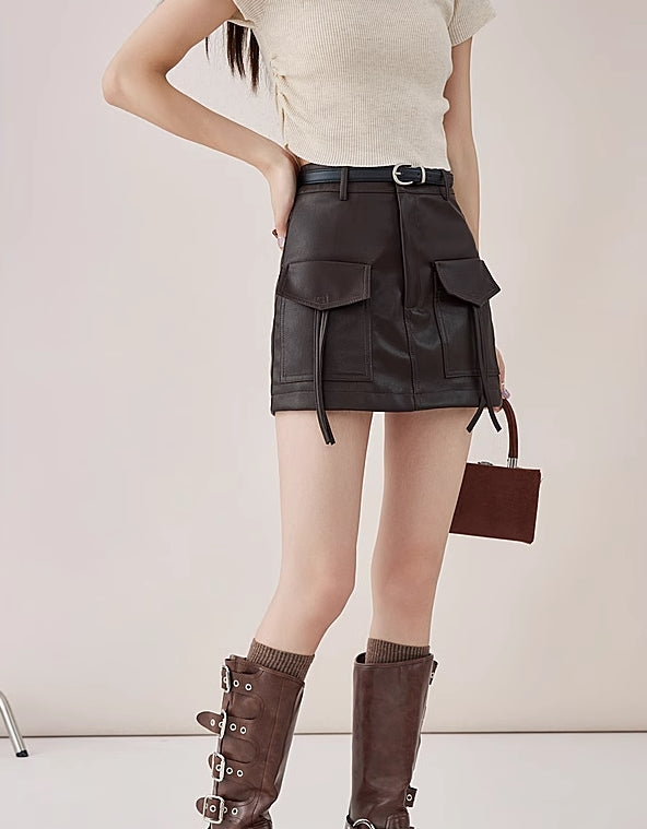 Brown Front Pockets Faux Leather Skirt