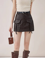Brown Front Pockets Faux Leather Skirt
