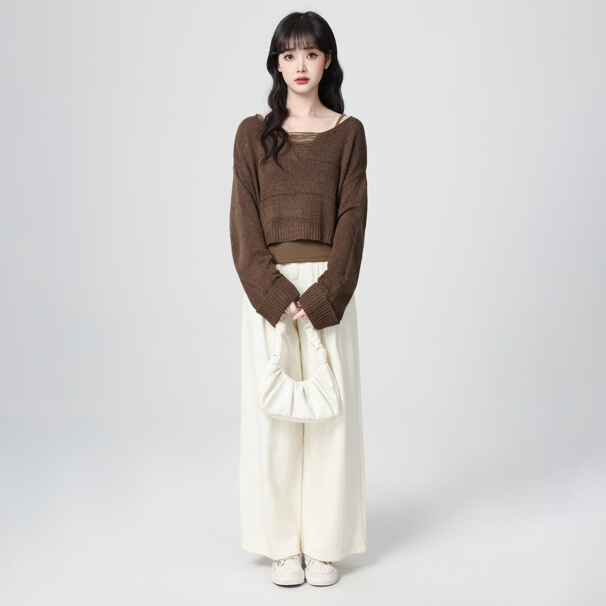 Brown Hollow Out V Neck Knit Two Piece Top