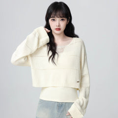 Brown Hollow Out V Neck Knit Two Piece Top