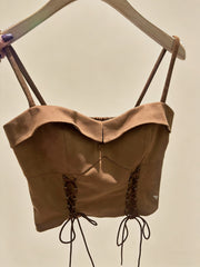 Brown Lace-Up Strappy Corset Cami Top