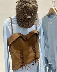 Brown Lace-Up Strappy Corset Cami Top