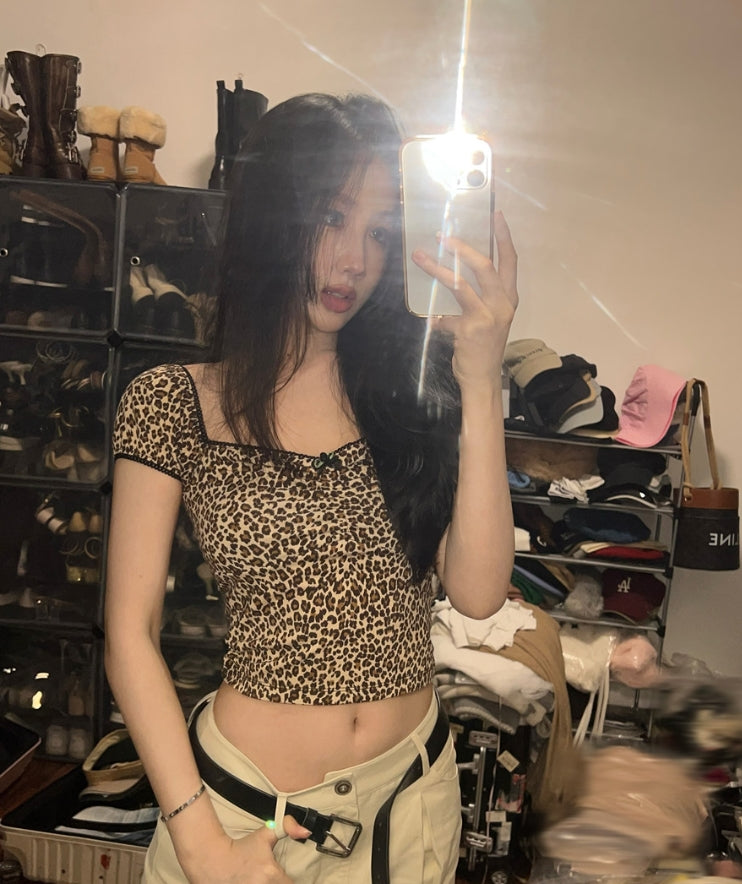 Brown Leopard Pattern Short Sleeves Top
