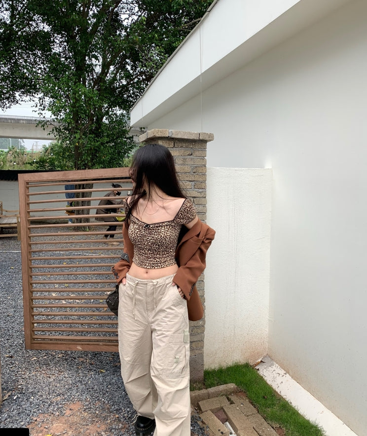 Brown Leopard Pattern Short Sleeves Top