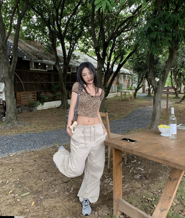 Brown Leopard Pattern Short Sleeves Top