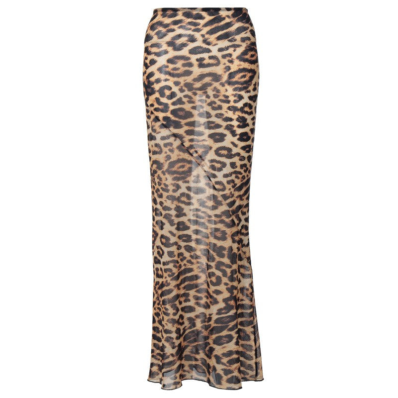 Brown Leopard Print Sheer Long Skirt