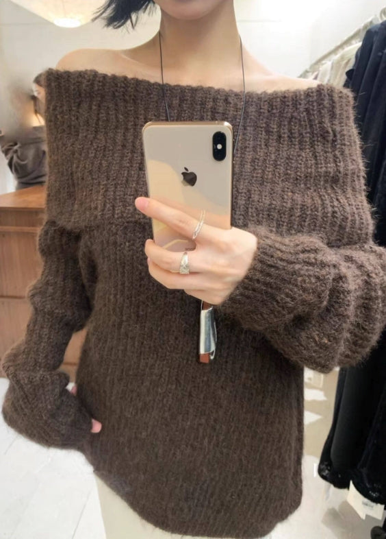 Brown Off Shoulder Oversize Sweater