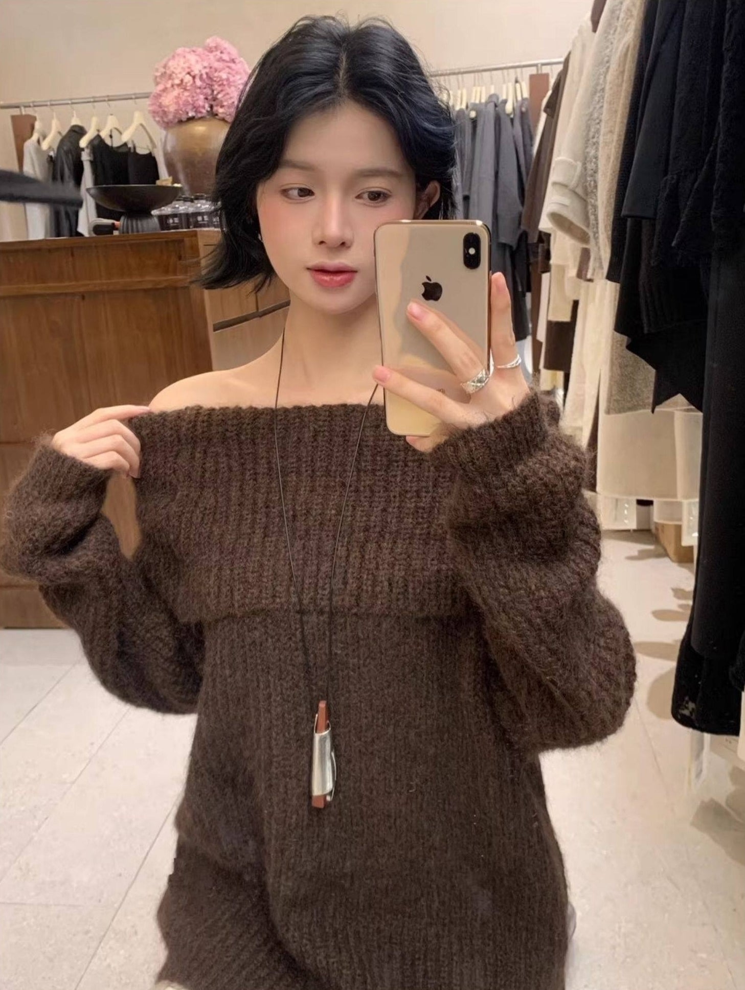 Brown Off Shoulder Oversize Sweater