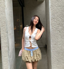 Brown Plaid Balloon Skirt