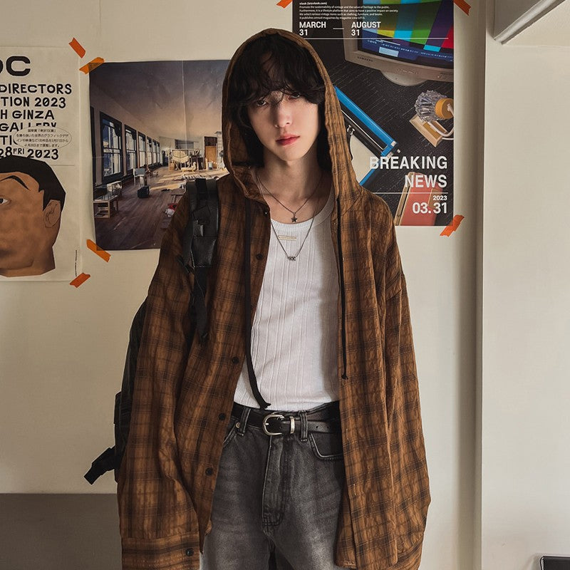 Brown Plaid Hooded Shirt