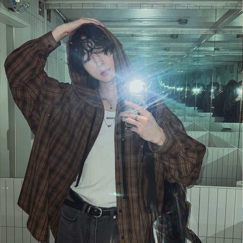 Brown Plaid Hooded Shirt