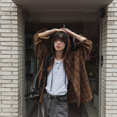 Brown Plaid Hooded Shirt