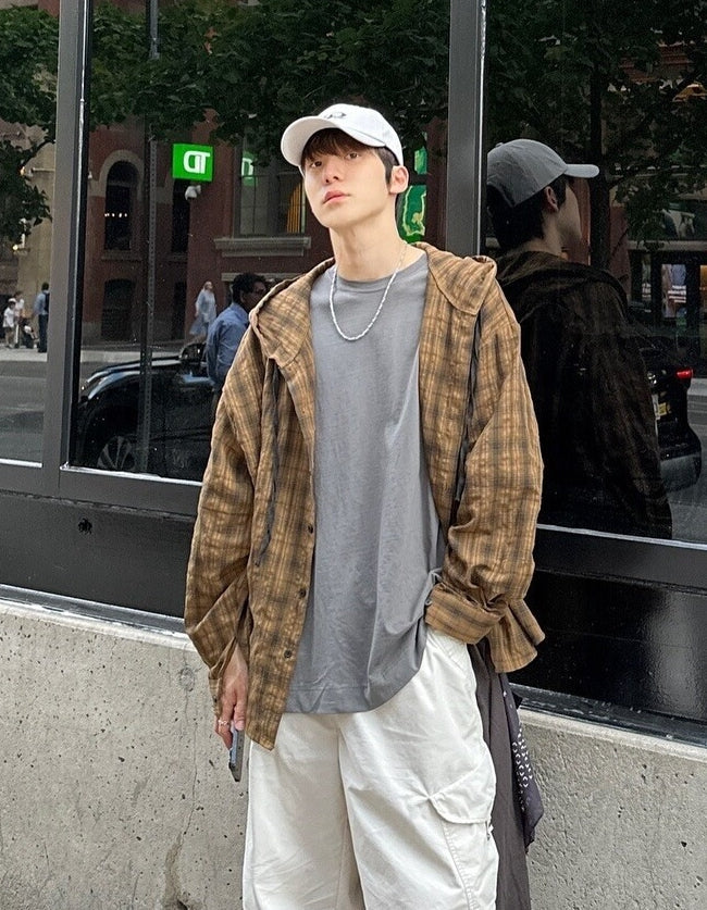 Brown Plaid Hooded Shirt
