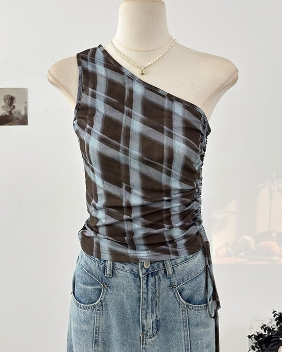 Blue Plaid One Shoulder Ruched Top