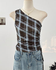 Blue Plaid One Shoulder Ruched Top