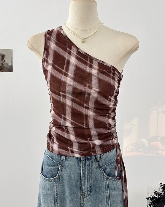 Blue Plaid One Shoulder Ruched Top