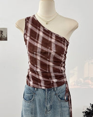Blue Plaid One Shoulder Ruched Top