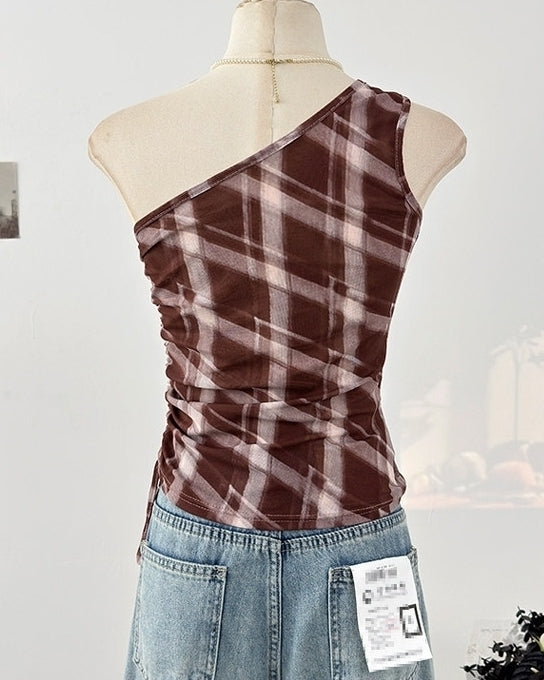 Blue Plaid One Shoulder Ruched Top
