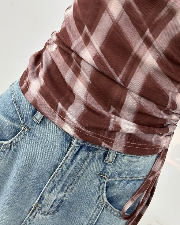 Blue Plaid One Shoulder Ruched Top