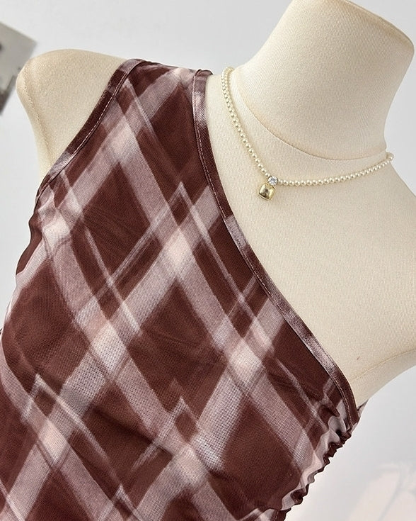 Blue Plaid One Shoulder Ruched Top