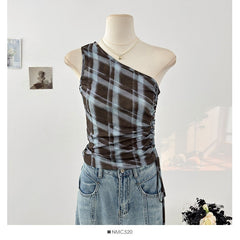 Blue Plaid One Shoulder Ruched Top