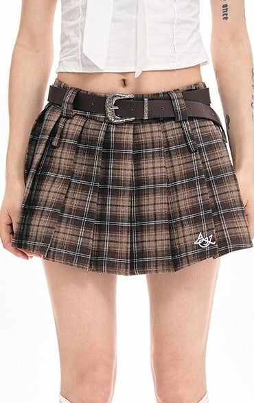 Brown Plaid Pleated Mini Skirt