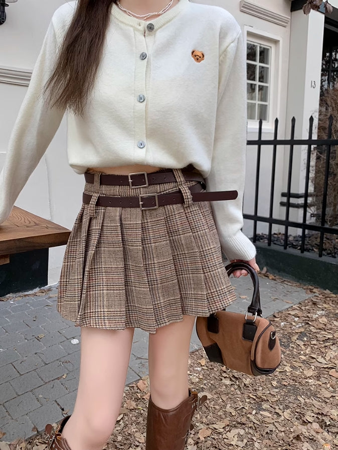 Brown Plaid Pleated Skirt With Double Belt Slots