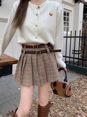 Brown Plaid Pleated Skirt With Double Belt Slots