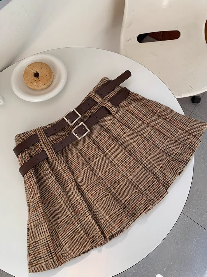 Brown Plaid Pleated Skirt With Double Belt Slots