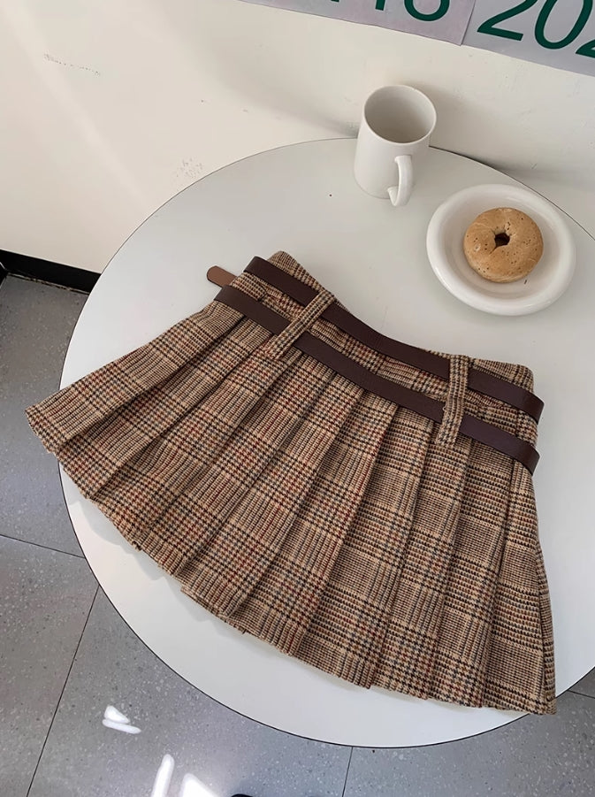 Brown Plaid Pleated Skirt With Double Belt Slots