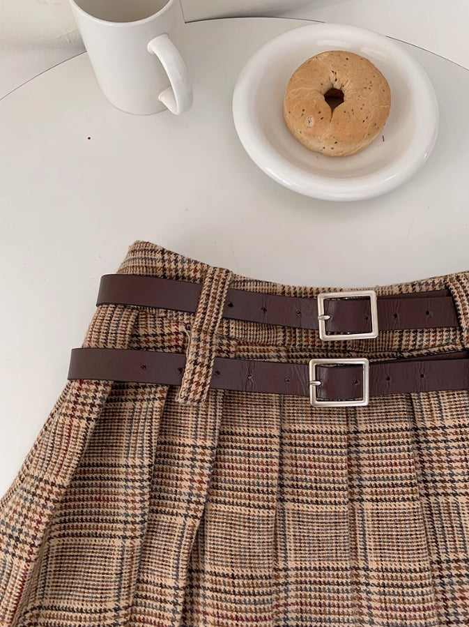 Brown Plaid Pleated Skirt With Double Belt Slots