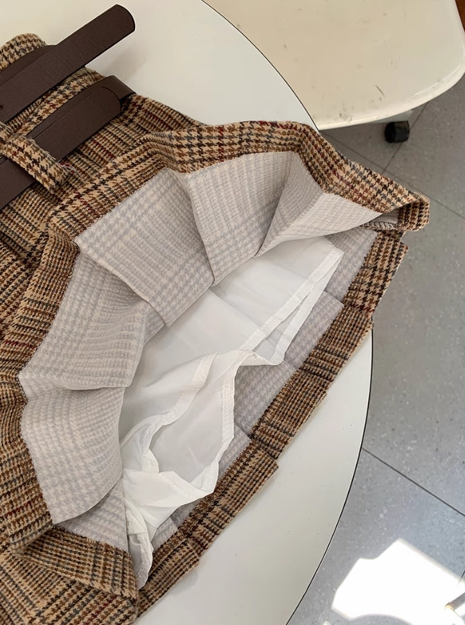 Brown Plaid Pleated Skirt With Double Belt Slots