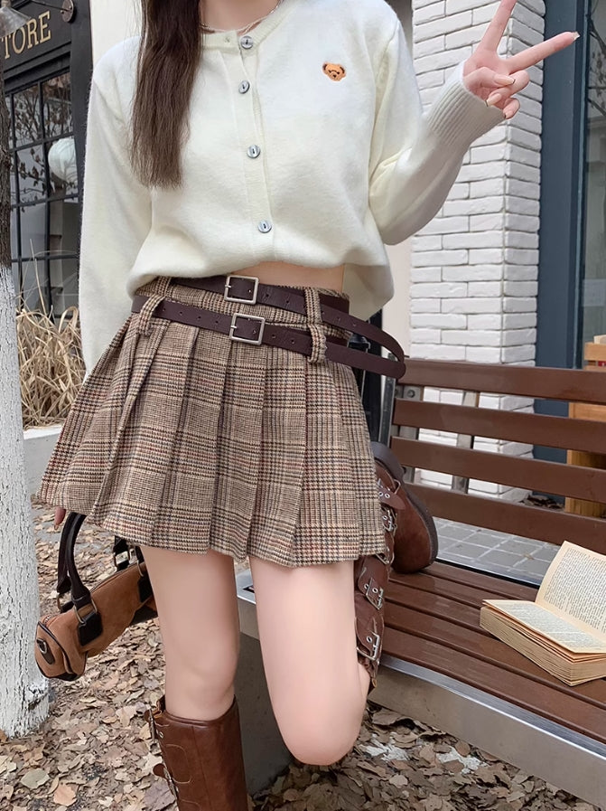Brown Plaid Pleated Skirt With Double Belt Slots