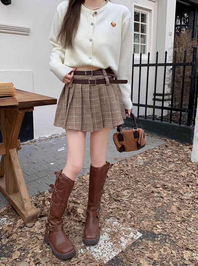 Brown Plaid Pleated Skirt With Double Belt Slots