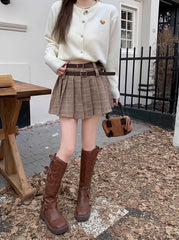 Brown Plaid Pleated Skirt With Double Belt Slots